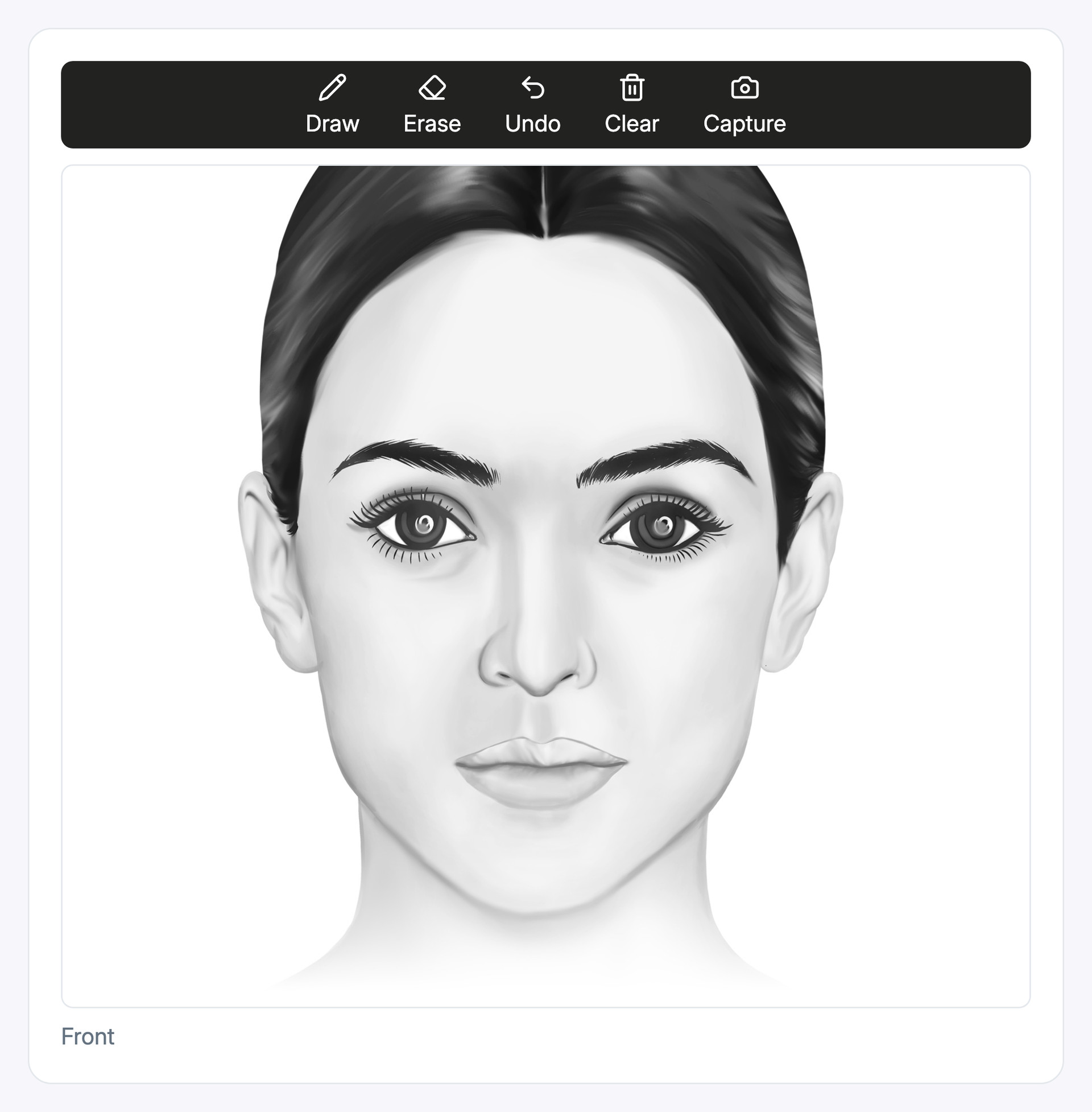 Recreated digital mirror alternating between a facial diagram and a synthetic model portrait, with drawing tools and example markings.