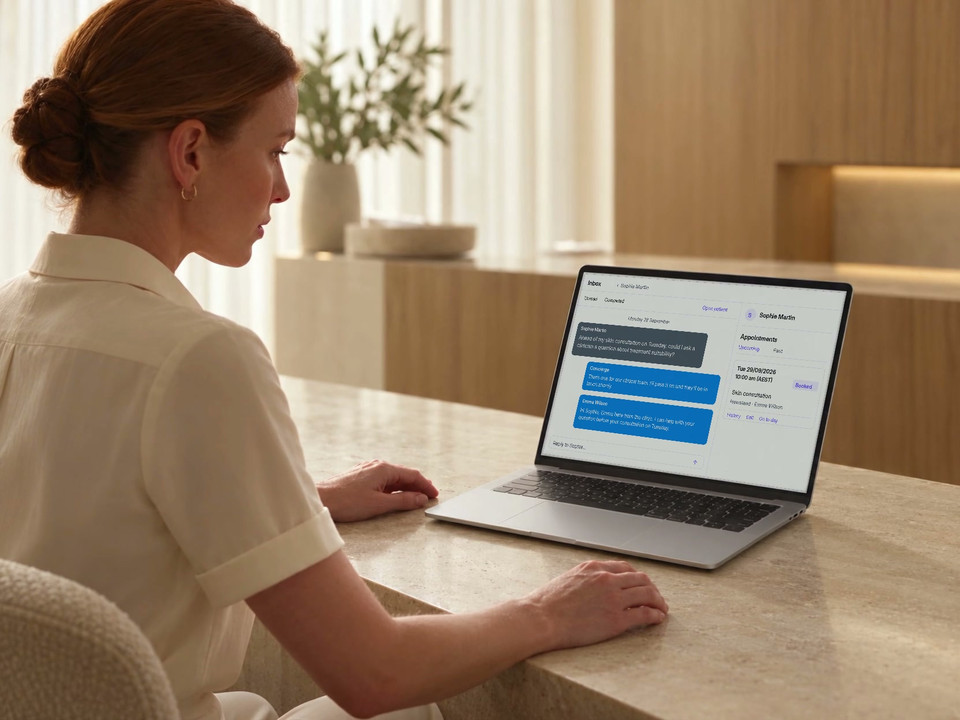 A patient reads a clinic conversation on her phone, then a staff member reviews and continues the matching thread in DappleOS Inbox