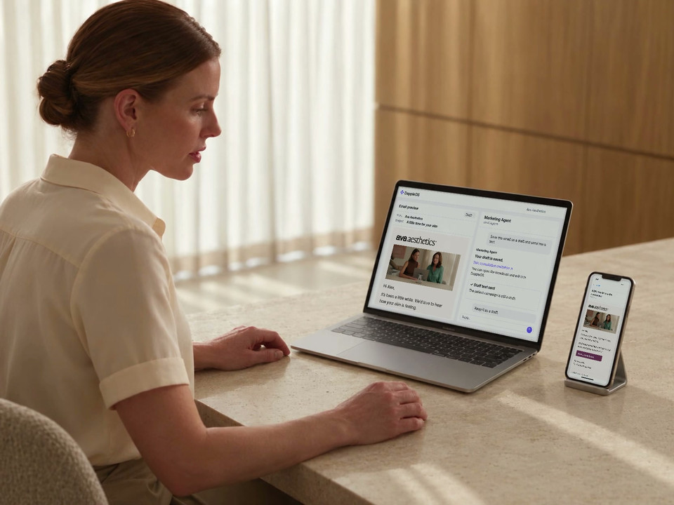 A clinic team member reviews a saved DappleOS campaign draft on a laptop beside the matching Ava Aesthetics staff-test email on a phone.