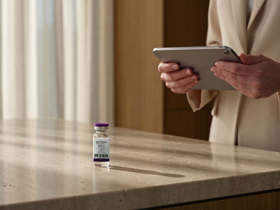 A practitioner scans the barcode of a Botox 100U vial with an iPad at the treatment-room bench