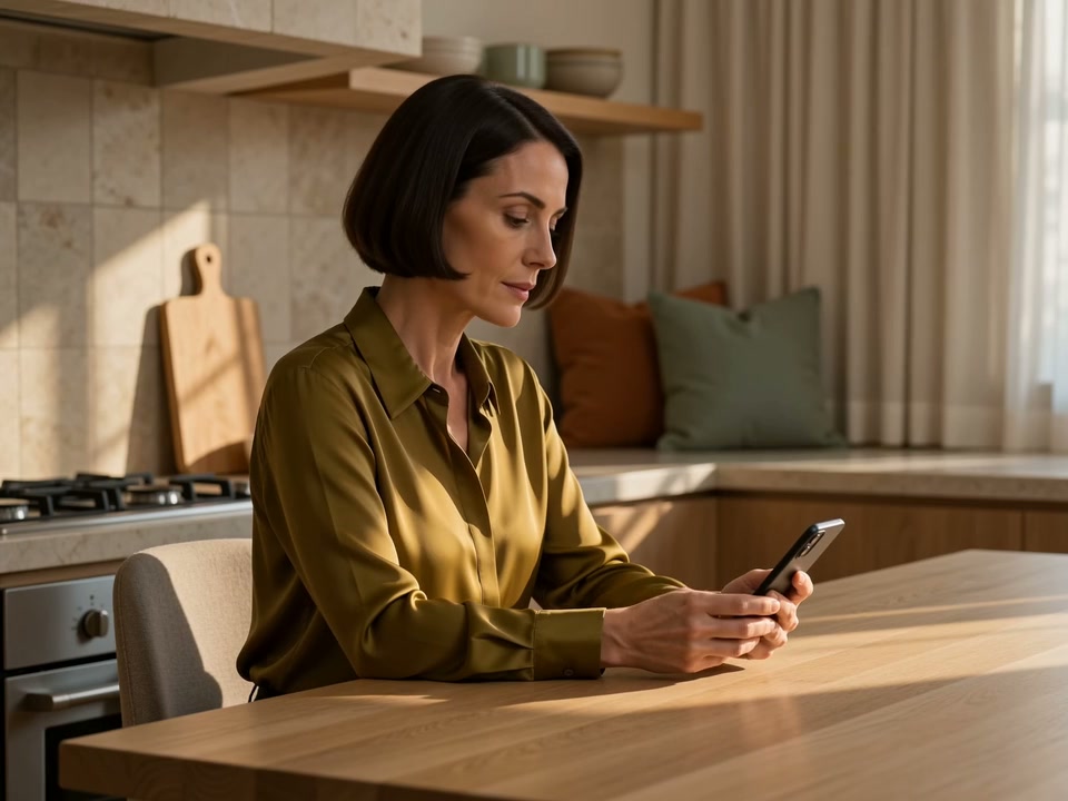 A patient checks her phone at home.