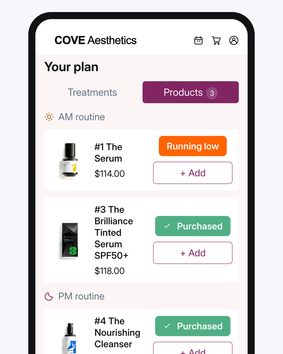 The clinic's branded patient app showing planned treatments, booking and skincare
